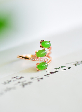 和田玉碧玉戒指925银镶嵌钻碧玉蛋形戒指三生三世玉开口戒指古风