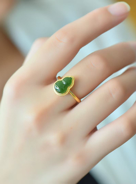 天然和田玉碧玉葫芦925银镶碧玉戒指女款新中式国风开口葫芦戒指