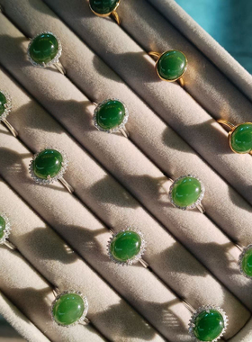 天然和田玉碧玉蛋面戒指925银镶碧玉蛋面戒指可调节款中式国风礼