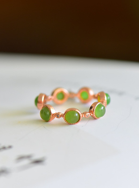 和田玉碧玉戒指s925纯银碧玉戒指满天星开口戒指转运珠戒指别致款