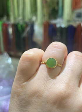 天然和田玉碧玉圆牌戒指925银镶碧玉圆牌戒指新中式国风礼物证书