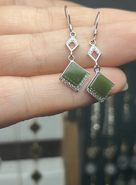 和田玉碧玉手链925银色镶碧玉蛋面手链搭配碧玉银方形耳坠清仓价