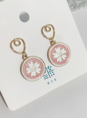 S925银针港味复古时尚气质珐琅墨蓝色小雏菊花耳钉耳饰饰品女耳环