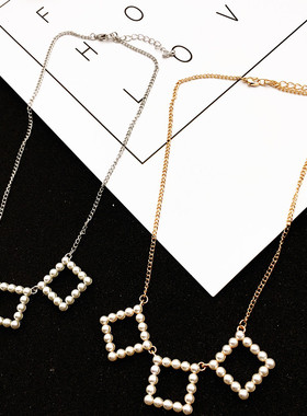 东大门欧美韩国珍珠几何方块项链