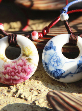 蓝色复古民族风百搭陶瓷挂件项链