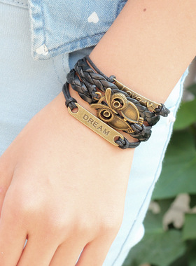 黑色猫头鹰多层皮绳编手链