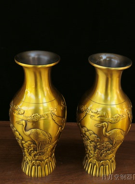 铜中式客厅松鹤百福花瓶梅瓶摆件