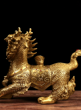 黄铜龙爪一对铸造麒麟招财元宝