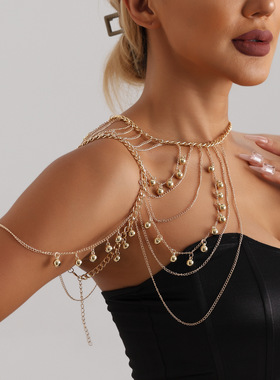 欧美跨境饰品时尚多层流苏金属球肩链body Chain个性辣妹胸链