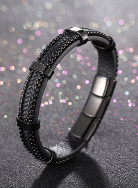 明星手绳帅气不锈钢皮手链个性钢链多层编织男士皮革手绳钢制饰品