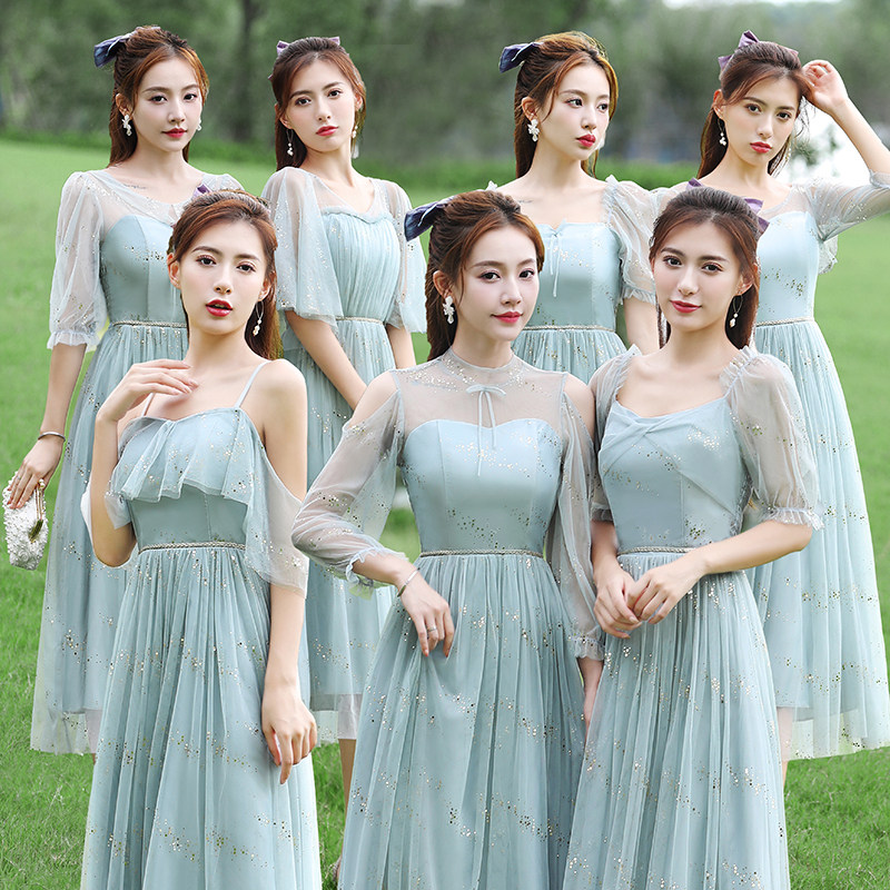 伴娘服仙气质2024新款轻奢亮片中长款长款修身显瘦姐妹团礼服裙女