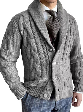 Knitted cardigan men's lapel long sleeved sweater jacket