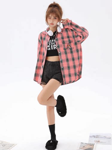 STN春秋女2026新款美式y2k纯棉格子衬衫休闲百搭宽松情侣长袖衬衣 - 图0