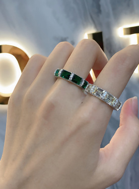 S925纯银方钻祖母绿复古排戒钻戒白金轻奢简约小众女情侣食指环