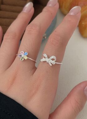 S925纯银镶嵌蝴蝶结彩色戒指女小众时尚简约小巧小清新花朵指环潮