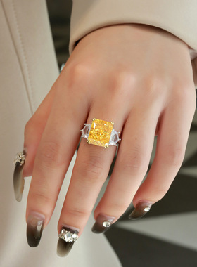S925纯银冰花切钻高级感彩宝戒指培育高碳钻轻奢高级彩色黄钻戒指