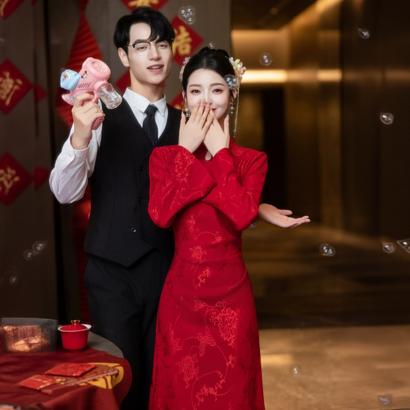 高级感红色旗袍敬酒服新娘新中式订婚礼服结婚绝美喇叭袖鱼尾裙女,淘宝优惠券,粉丝福利购,淘宝优惠卷