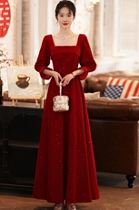 Вечерние платья 秋冬红色敬酒服新娘礼服简单大气小个子显瘦长款方领长袖晚礼服