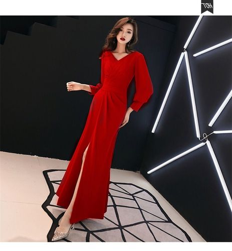红色晚礼服裙女2026时尚宴会气质长款高贵简单大方名媛显瘦连衣裙 - 图1