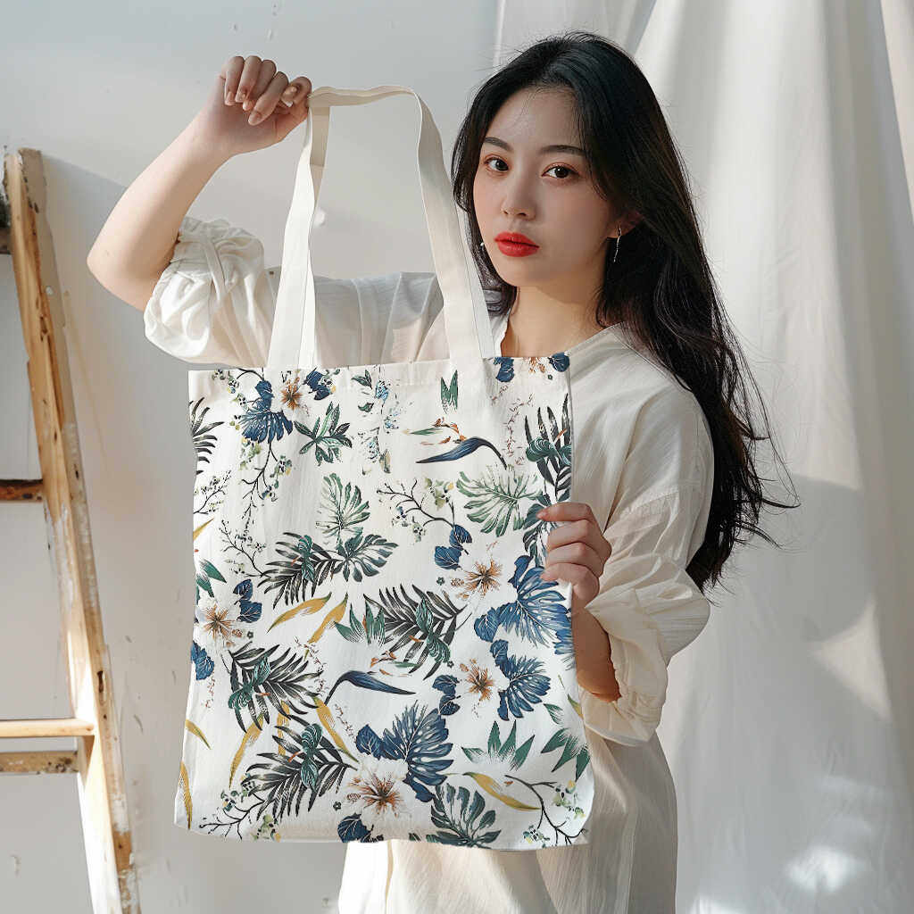 复古文艺植物印花帆布包通勤上学大容量单肩包笔记本托特包通勤包