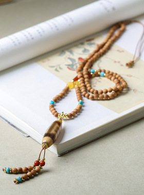 原创手工编织檀香木新中式项链文玩藏饰大鹏鸟天珠国风毛衣链多圈