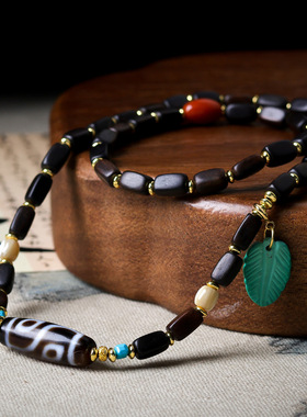 达拉干沉香木多圈手链文玩菱镁矿松石羽毛中式手串毛衣链多功能链