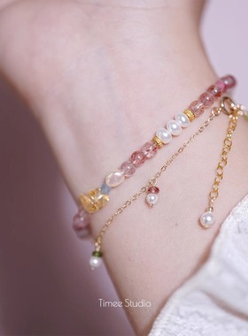 天然草莓晶手串黄水晶海蓝宝