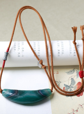 原创天然蚕丝玛瑙牛角项链文玩手工编织三七银饰品挂绳新中式风格