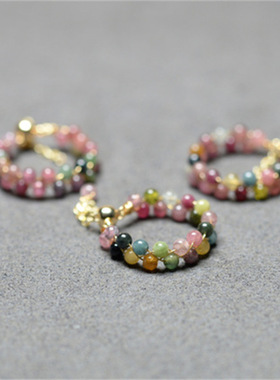 天然碧玺戒指女款小珠水晶戒指手工编织简约清新女款手饰品