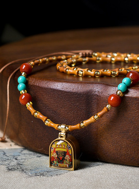 手工编织橄榄核竹节珠搭配扎基拉姆嘎邬盒项链文玩中式毛衣链