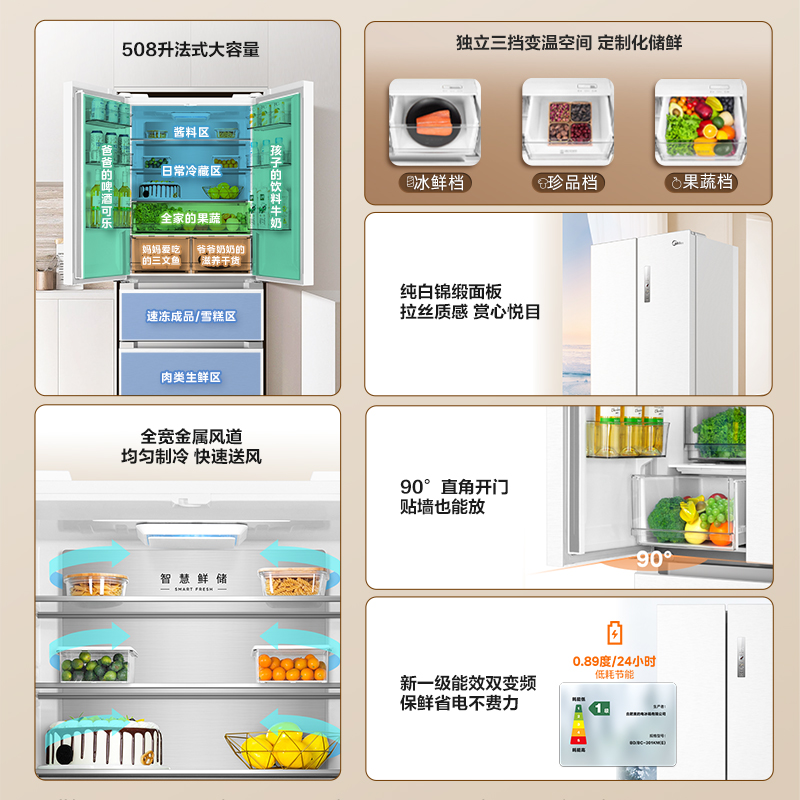 美的508白色法式多门四门冰箱双系统双循环家用大容量风冷无霜 - 图2