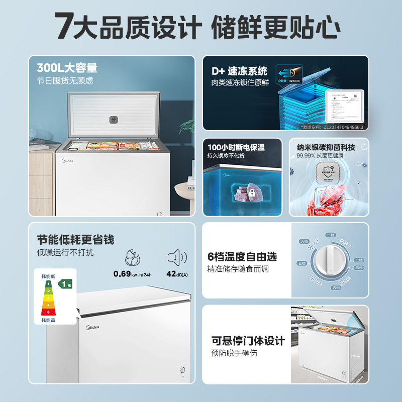 美的300L大容量冰柜家用商用冷藏冷冻冷柜卧式两用减霜单温冰箱