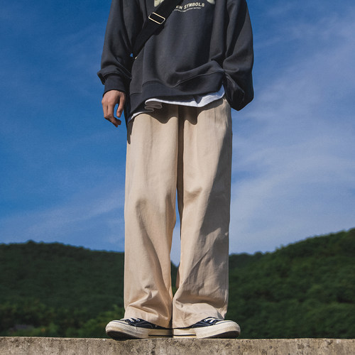 GOGOSOON全棉直筒休闲裤男100%棉300g春秋宽松款纯色百搭工装长裤 - 图0