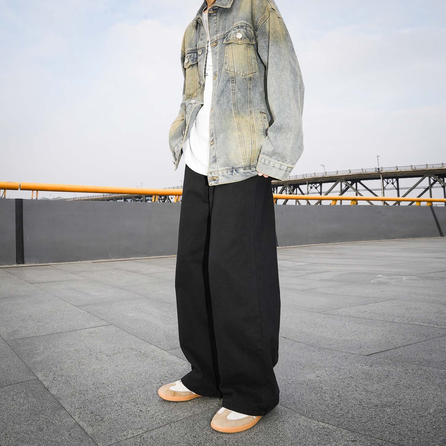 GOGOSOON春秋新款纯棉宽松青少年黑色牛仔裤男垂感拖地直筒长裤Q - 图2