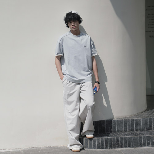 【山系仿梭棉225g速干防晒防螨抗菌】男装苏线撞色刺绣短袖T恤夏 - 图2