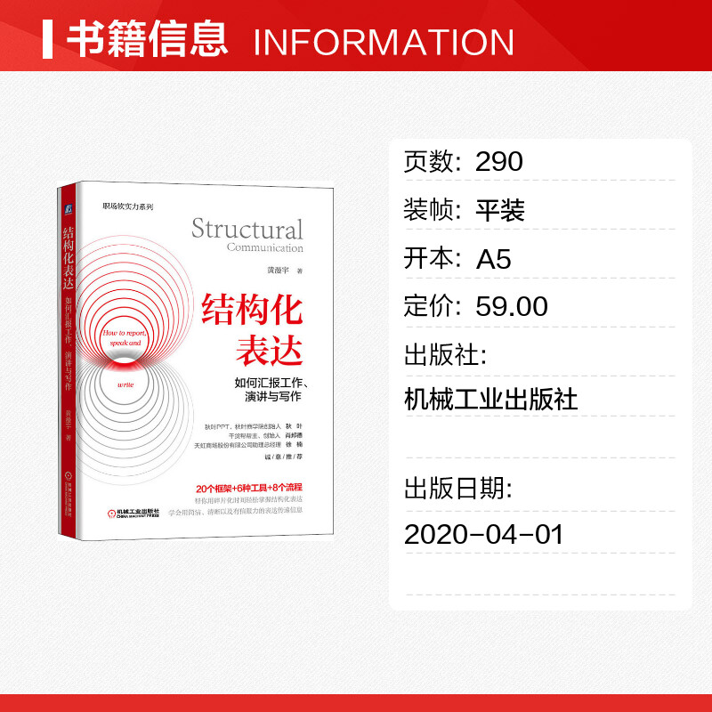结构化表达 如何汇报工作、演讲与写作 黄漫宇 职场生活高效表达方式方法 客户沟通讲故事演讲情境表达技巧 机械工业出版正版书籍 - 图0