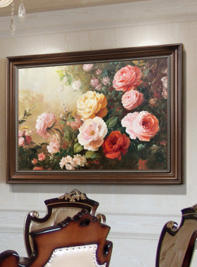 u作手绘油画玄关客厅新中式餐厅挂画牡丹花卉美式欧式古典装饰画