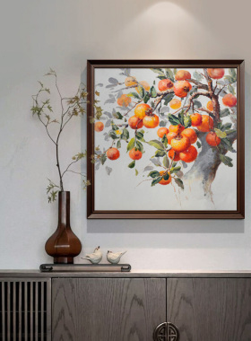 u作【事事如意】手工油画玄关装饰画中古风新中式挂画餐厅柿子画