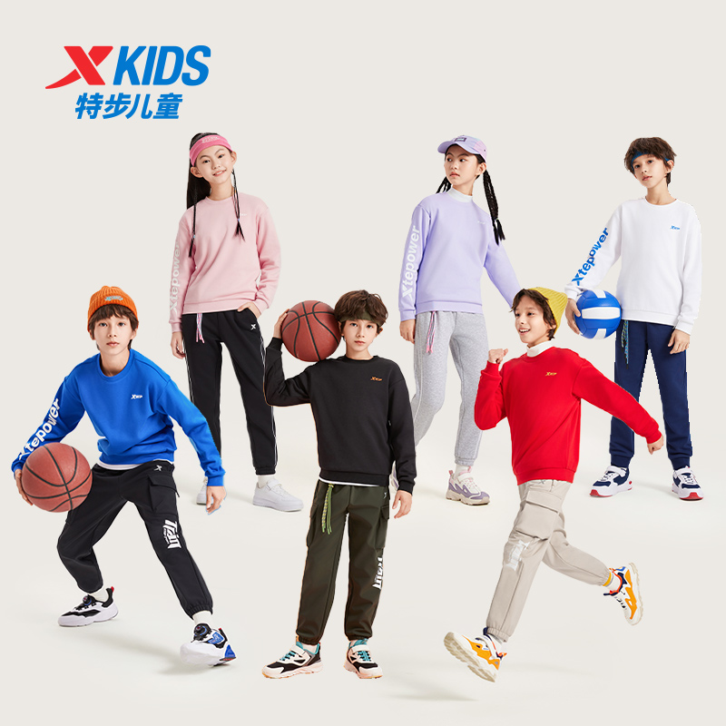 特步童装男童卫衣2024年春秋款儿童红色女大童秋装加绒过年衣服