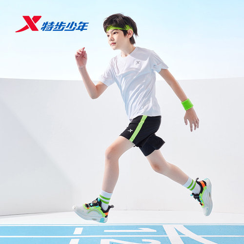特步童装男童运动短袖短款套装2026夏季新款儿童中大童速干2件套 - 图0
