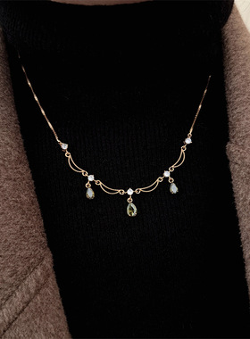 【青提落露】宫廷风绿色水滴锆石流苏项链高级感气质甜美锁骨链