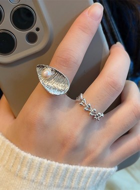 跨境仙女风珍珠开口戒指韩版几何铜镀白金食指戒少女个性情侣戒潮