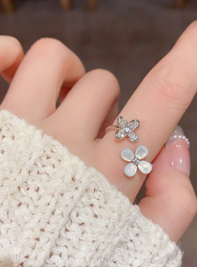 跨境小众甜美百搭满钻贝母双花瓣开口戒个性轻奢独特设计感食指戒