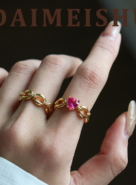 【心动密语】欧美风百搭玫红色爱心锆石戒指小众高级感开口戒指环