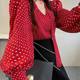 Red polka dot printed shirt for women in autumn, sweet puff sleeve top, halter neck slimming design, strappy V-neck shirt
