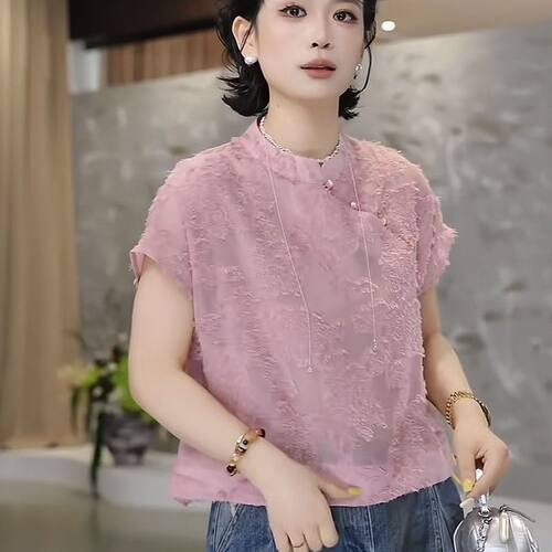 新中式2026夏季新款复古显瘦蕾丝刺绣立领短袖衬衫女黄色盘扣上衣 - 图0