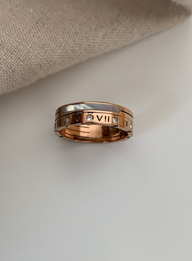 鱼丁秘密 玫瑰金贝母面罗马数字双层时尚气质百搭ins风钛钢戒指08