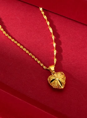 黄铜镀金爱心金项链吊坠仿金项链跨境婚礼沙金民族风桃心水波女