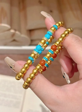 久不掉色古法沙金手工diy手串镶钻绿松金珠手链国潮风饰品