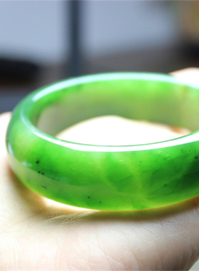 F729和田玉碧玉阳绿冰透温润手镯玉镯镯子珍品51.5小圈口证书